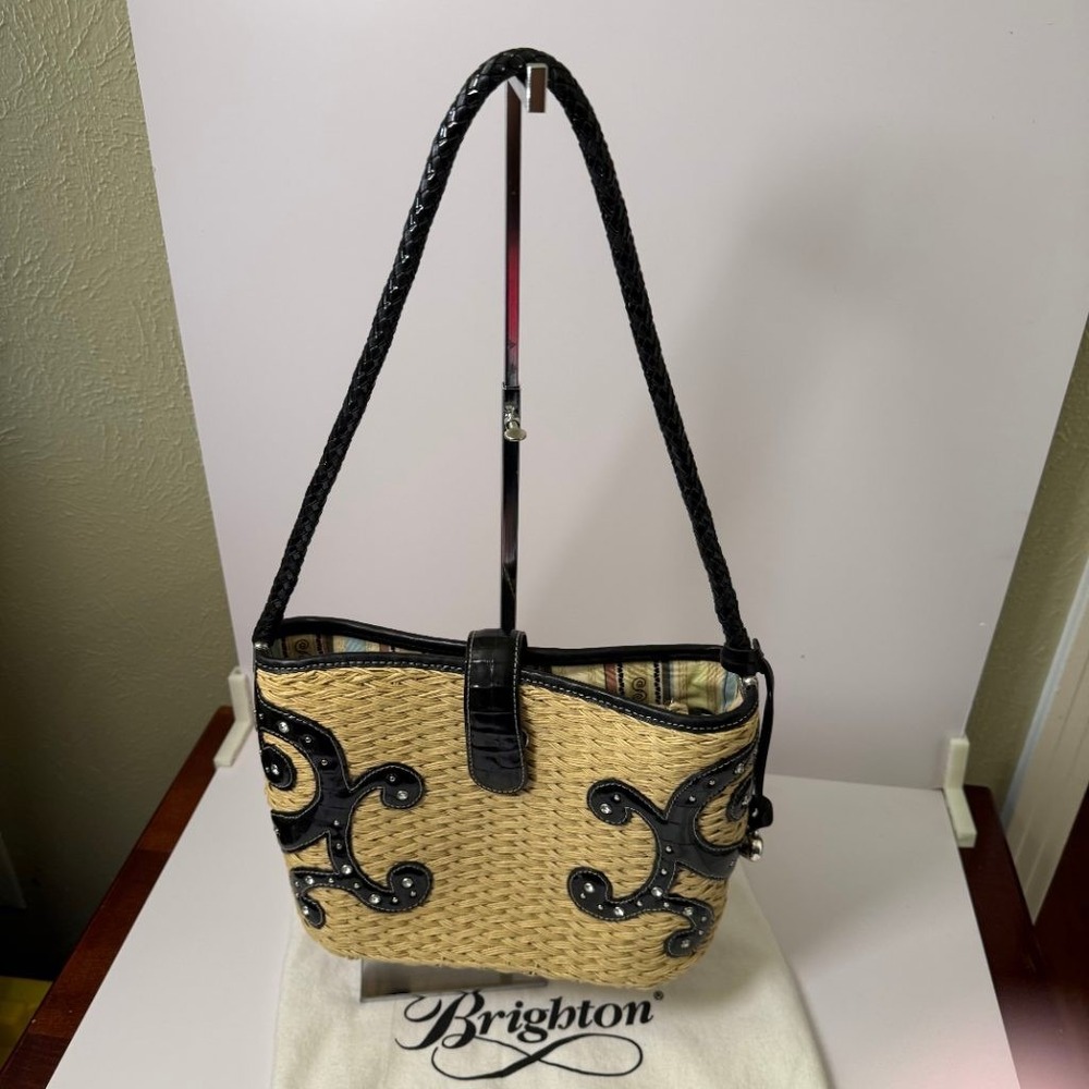 Brighton Straw Wicker Shoulder Bag Black Patent Leather Rhinestone Purse
